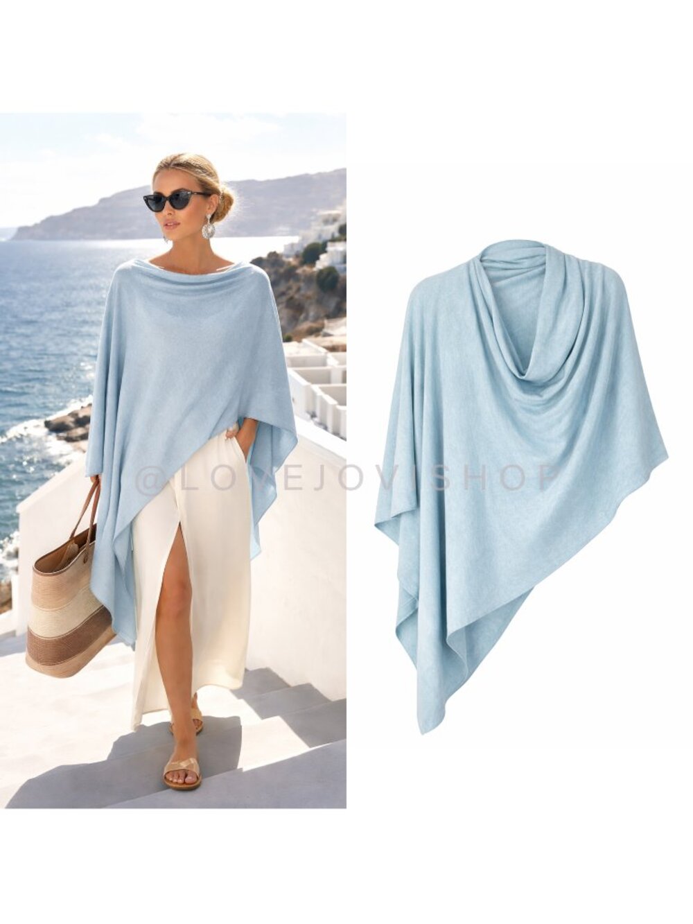 Sweater | NWT Draped Knit Poncho Cape Wrap Shawl Light Aqua Blue | Feminine OS